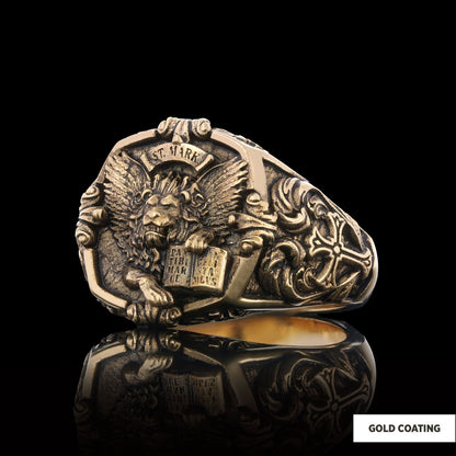 925 Sterling Silver St. Mark Lion Ring, Evangelist Lion Cross Ring, Men's Silver Signet Ring, Christian Men's Ring, Religious