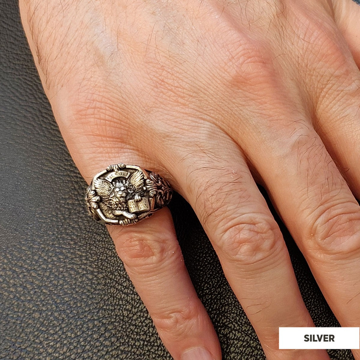 925 Sterling Silver St. Mark Lion Ring, Evangelist Lion Cross Ring, Men's Silver Signet Ring, Christian Men's Ring, Religious Gift for Men - view 7