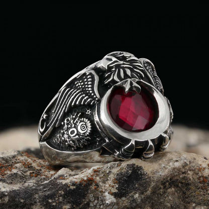 925 Sterling Silver Stoned Eagle Head Tughra Ring by SWISS PLUS - Ottoman Jewelry Collection