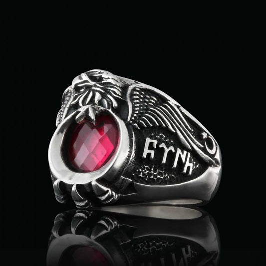 925 Sterling Silver Stoned Eagle Head Tughra Ring by SWISS PLUS - Ottoman Jewelry Collection - view 2
