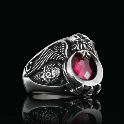 925 Sterling Silver Stoned Eagle Head Tughra Ring by SWISS PLUS - Ottoman Jewelry Collection - view 3