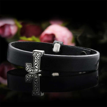 925 Sterling Silver Motif J Letter Leather Bracelet by SWISS PLUS - Letter Collection