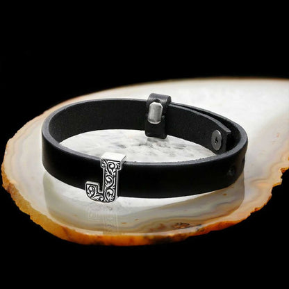925 Sterling Silver Motif J Letter Leather Bracelet by SWISS PLUS - Letter Collection - view 3