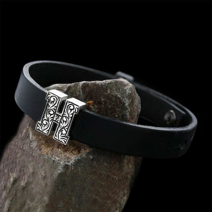 925 Sterling Silver Motif Letter H Leather Bracelet by SWISS PLUS - Letter Collection