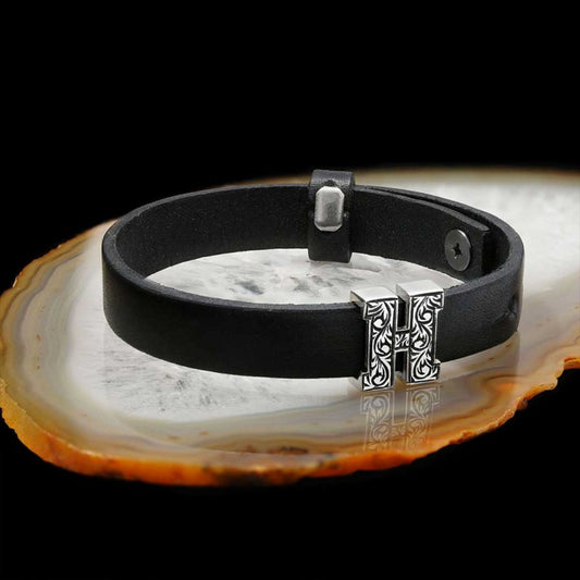 925 Sterling Silver Motif Letter H Leather Bracelet by SWISS PLUS - Letter Collection - view 2