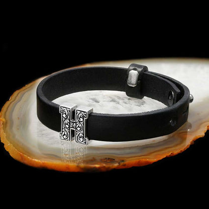 925 Sterling Silver Motif Letter H Leather Bracelet by SWISS PLUS - Letter Collection - view 3