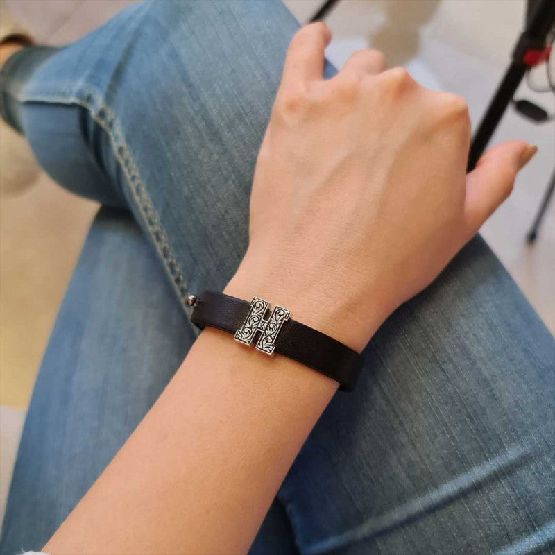 925 Sterling Silver Motif Letter H Leather Bracelet
