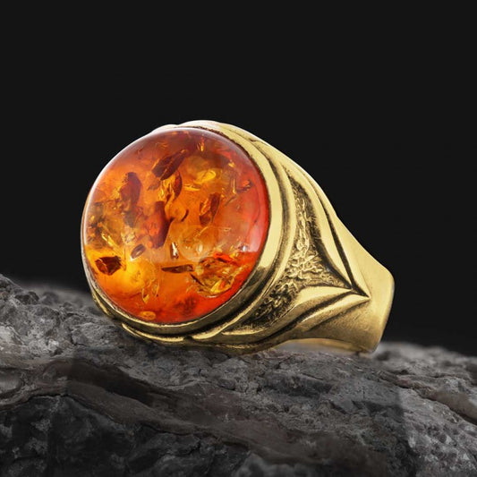 Amber Stone Silver Men Ring - view 1