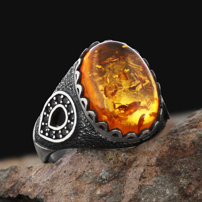 Amber Stone Silver Ring 925 Sterling by SWISS PLUS - Unique Design Rings