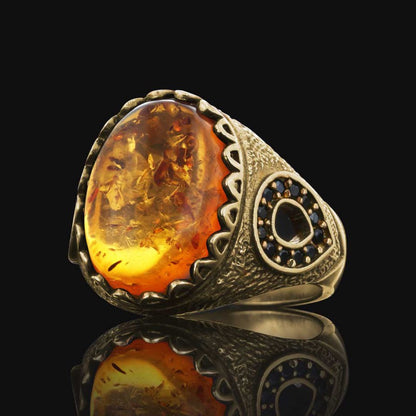 Amber Stone Silver Ring 925 Sterling by SWISS PLUS - Unique Design Rings - view 4