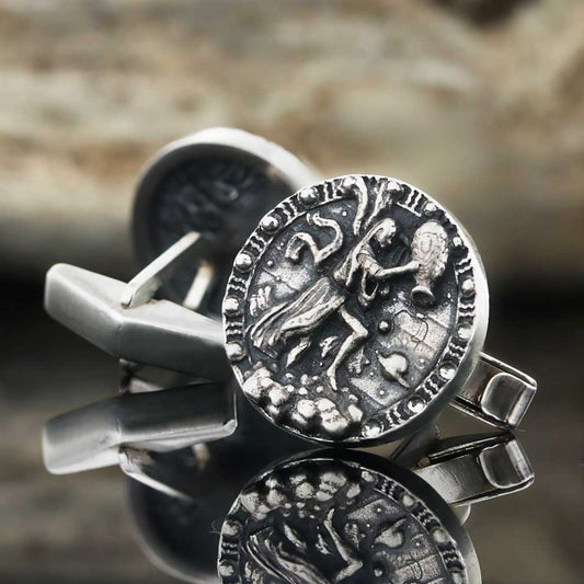 Unique Design Silver Round Aquarius Cufflink - view 1