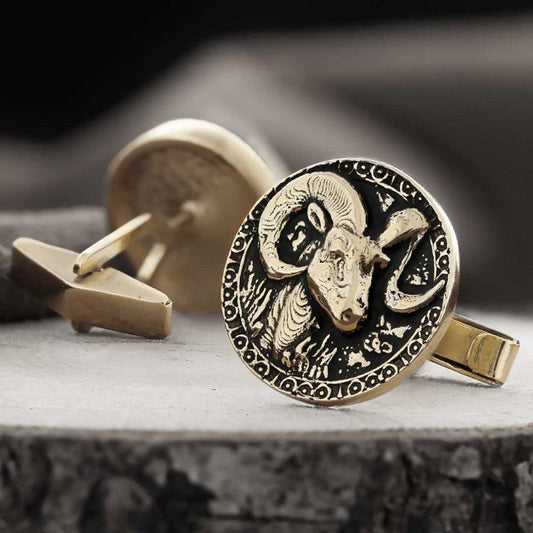 Round Handmade Silver Aries Cufflink