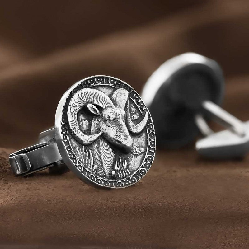 Round Handmade Silver Aries Cufflink