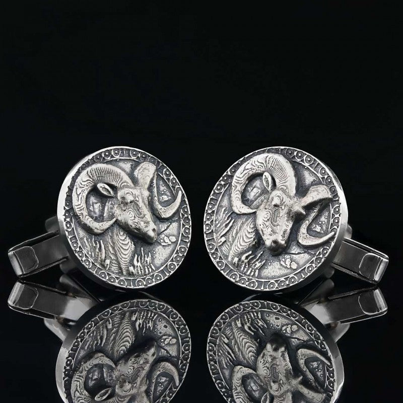 Round Handmade Silver Aries Cufflink