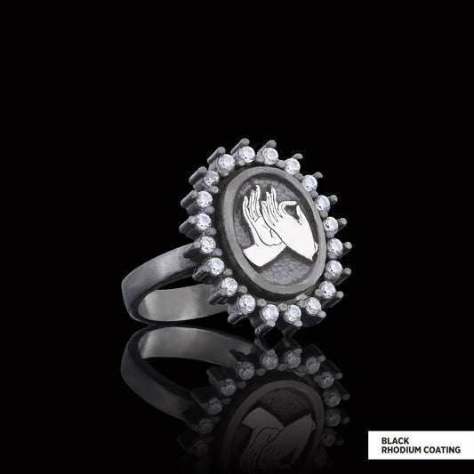 Buddha hands Ring, Stoned Budhhist Ring,  Mudra Hand Ring, Women's Religious Ring, Religious Gift Black Rhodium Coating