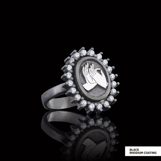 Buddha hands Ring, Stoned Budhhist Ring,  Mudra Hand Ring, Women's Religious Ring, Religious Gift Black Rhodium Coating