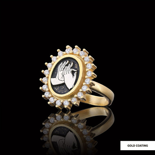 Buddha hands Ring, Stoned Budhhist Ring,  Mudra Hand Ring, Women's Religious Ring, Religious Gift Gold Coating