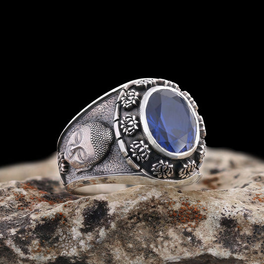 Buddhist Silver Ring with Stone, Buddha Ring, Lotus Flower Ring, Buddhist Jewelry, Religious Gifts - view 1