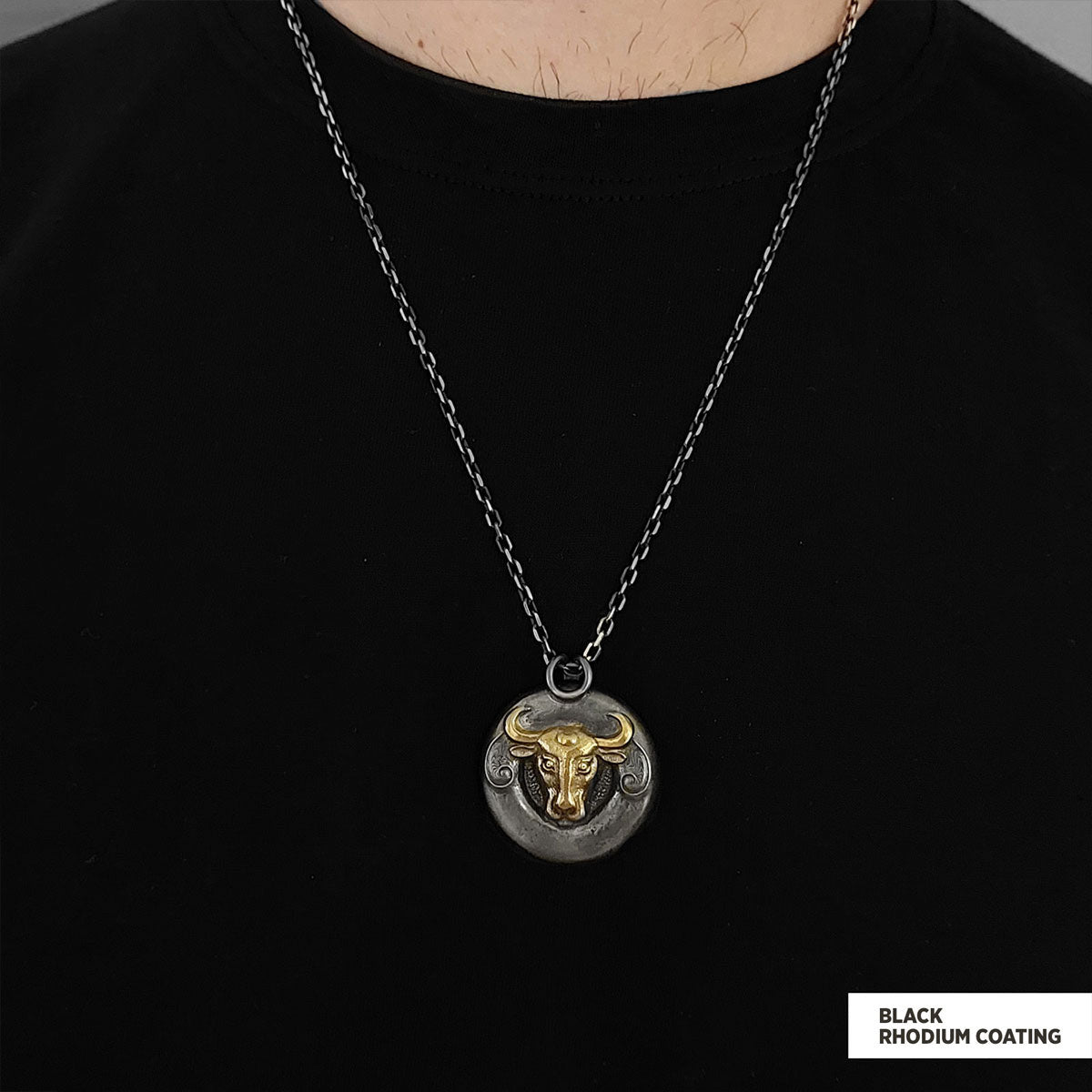 Bull Pendant Black Rhodium Coating-Chain by SWISS PLUS - Jewish Collection - view 2