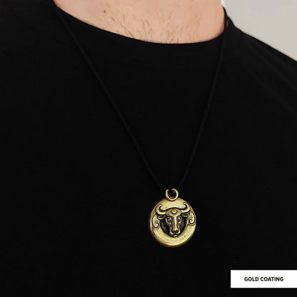 Bull Pendant Gold Coating-Cord by SWISS PLUS - Unique Pendants & Cool Design Necklaces