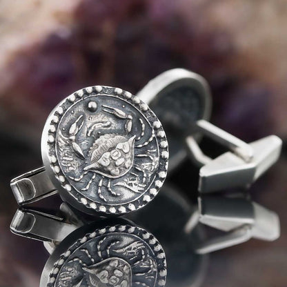 Custom Design Sterling Silver Round Cancer Cufflink by SWISS PLUS - Zodiac Collection - view 3