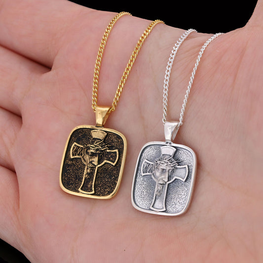 Christ Jesus Silver Necklace, Christian Necklace, Christ Jesus Cross Necklace, Gold Plated Cross Necklace Christian Accessory, Jesus Cross Necklace, Jesus Men's Gift Gold Coating