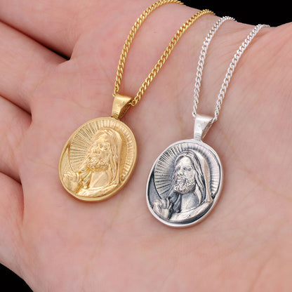Christ Necklace, Jesus Pendant, Faith Jewelry, Christus Necklace Jesus Christian Necklace, Sun and Christian Jewelry Gold Coa