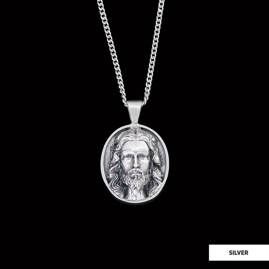 Christ Pendant, Christian Necklace, Jesus Necklace, Religious Gift for Men, Round Silver Religious Necklace, Gold Plated Jesus Jewelry Silver - view 1