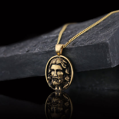 Christ Pendant, Christian Necklace, Jesus Necklace, Religious Gift for Men, Round Silver Religious Necklace, Gold Plated Jesu