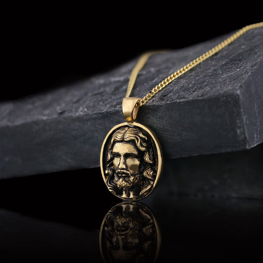 Christ Pendant, Christian Necklace, Jesus Necklace, Religious Gift for Men, Round Silver Religious Necklace, Gold Plated Jesus Jewelry