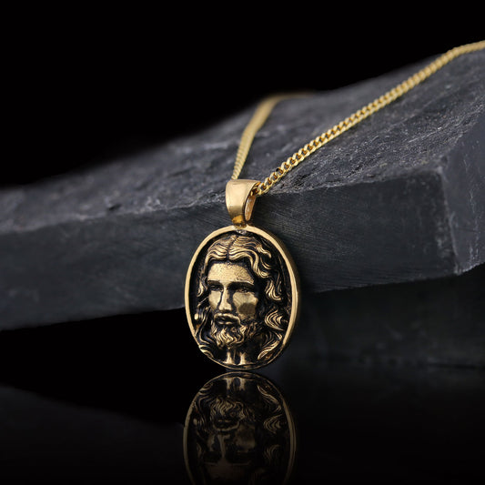 Christ Pendant, Christian Necklace, Jesus Necklace, Religious Gift for Men, Round Silver Religious Necklace, Gold Plated Jesus Jewelry - view 1