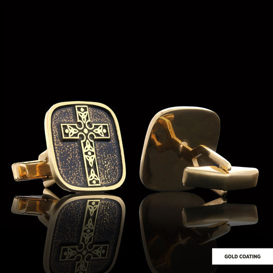 Christian Cross Cufflinks, Gold Plated Silver Cross Cufflinks, Square Motif Cross Silver Cufflinks Gold Coating
