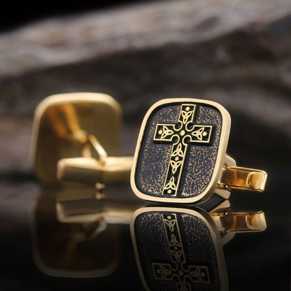Christian Cross Cufflinks, Gold Plated Silver Cross Cufflinks, Square Motif Cross Silver Cufflinks Gold Coating by SWISS PLUS