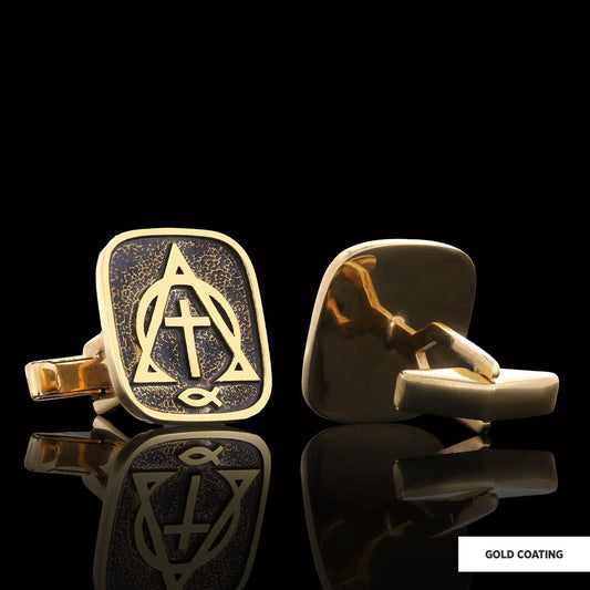 Christian Cross Ichthus Cufflinks, Alpha Omega Cross Cufflinks, Square Christianity Ichthus Cufflinks Gold Coating