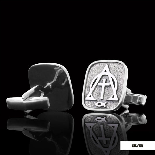 Christian Cross Ichthus Cufflinks, Alpha Omega Cross Cufflinks, Square Christianity Ichthus Cufflinks Silver