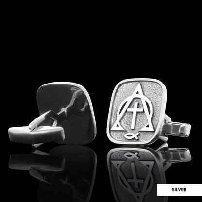 Christian Cross Ichthus Cufflinks, Alpha Omega Cross Cufflinks, Square Christianity Ichthus Cufflinks by SWISS PLUS - Christi