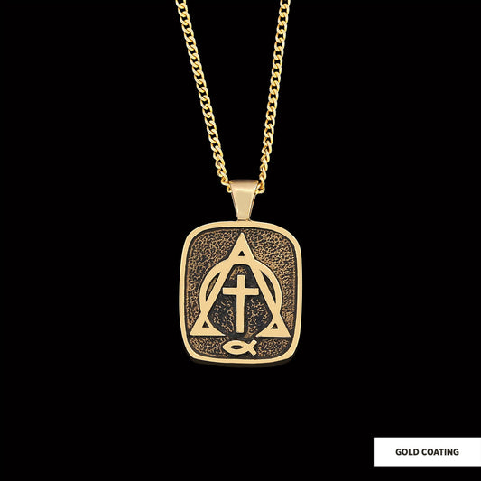 Christian Cross Ichthus Necklace, Alpha Omega Cross Necklace, Square Christianity Ichthus Pendant Gold Coating