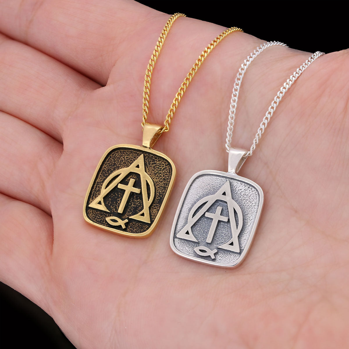 Christian Cross Ichthus Necklace, Alpha Omega Cross Necklace, Square Christianity Ichthus Pendant Gold Coating