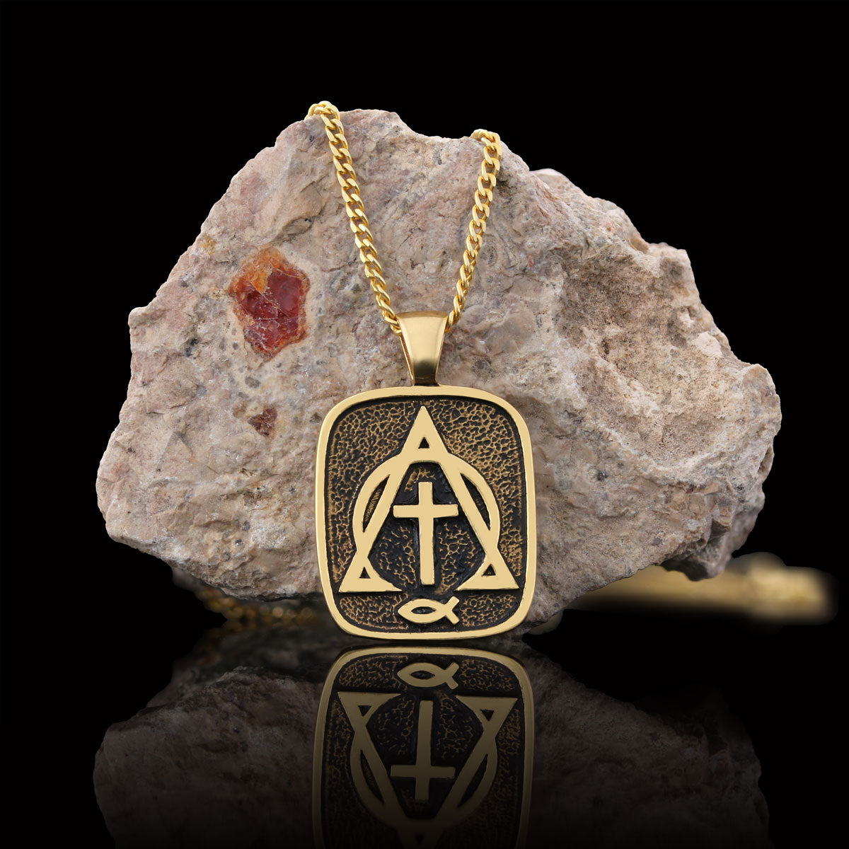 Christian Cross Ichthus Necklace, Alpha Omega Cross Necklace, Square Christianity Ichthus Pendant Gold Coating by SWISS PLUS 