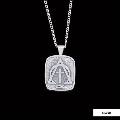 Christian Cross Ichthus Necklace, Alpha Omega Cross Necklace, Square Christianity Ichthus Pendant Silver by SWISS PLUS - Chri