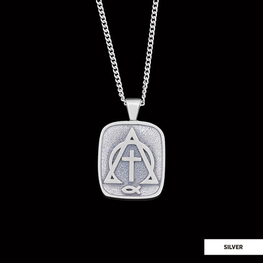 Christian Cross Ichthus Necklace, Alpha Omega Cross Necklace, Square Christianity Ichthus Pendant Silver