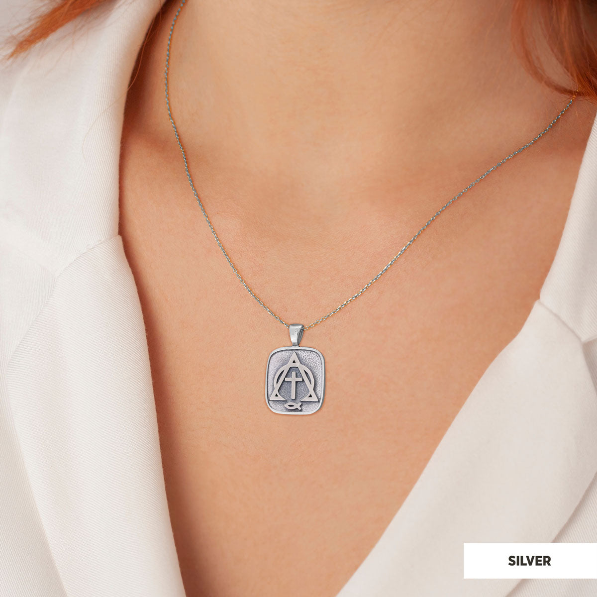 Christian Cross Ichthus Necklace, Alpha Omega Cross Necklace, Square Christianity Ichthus Pendant Silver by SWISS PLUS - Chri