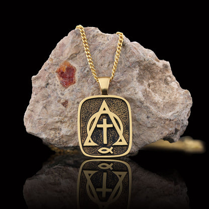 Christian Cross Ichthus Necklace, Alpha Omega Cross Necklace, Square Christianity Ichthus Pendant by SWISS PLUS - Christian C