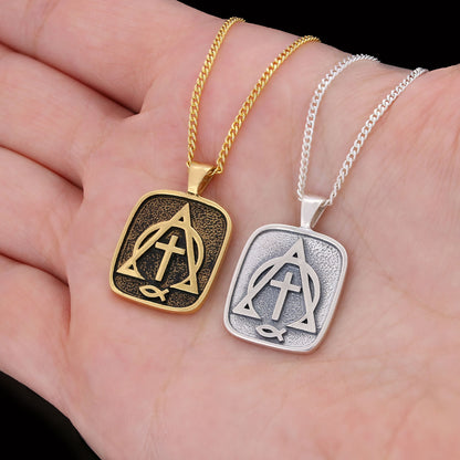 Christian Cross Ichthus Necklace, Alpha Omega Cross Necklace, Square Christianity Ichthus Pendant by SWISS PLUS - Christian C