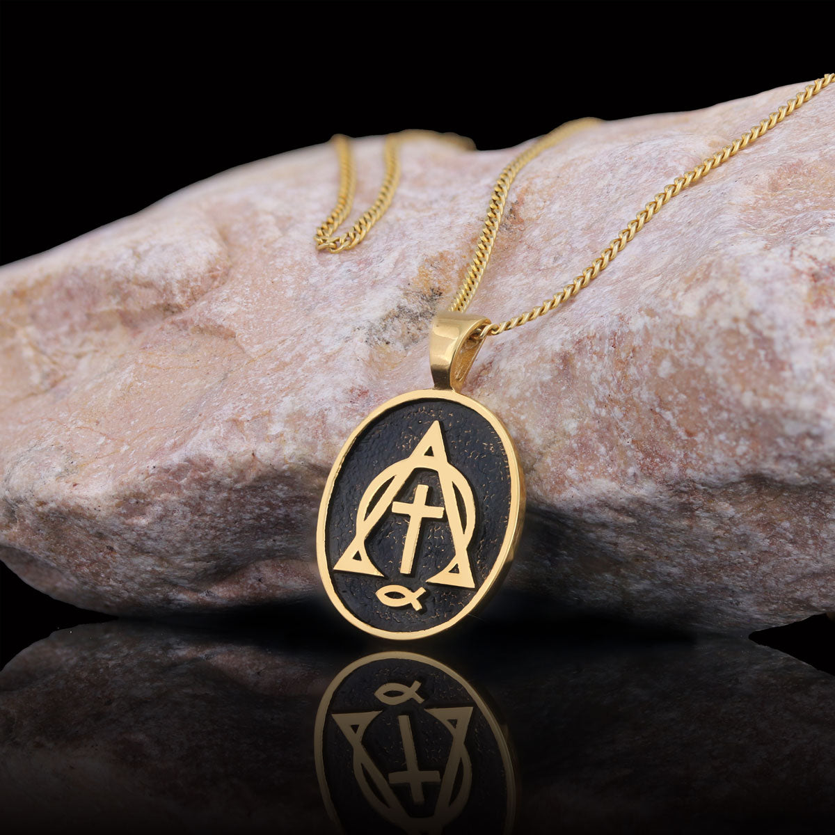 Christian Cross Ichthus Necklace, Square Christian Jewelry, Ichthus Pendant, Alpha Omega Cross Necklace Gold Coating