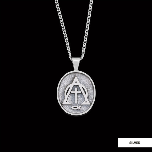 Christian Cross Ichthus Necklace, Square Christian Jewelry, Ichthus Pendant, Alpha Omega Cross Necklace Silver