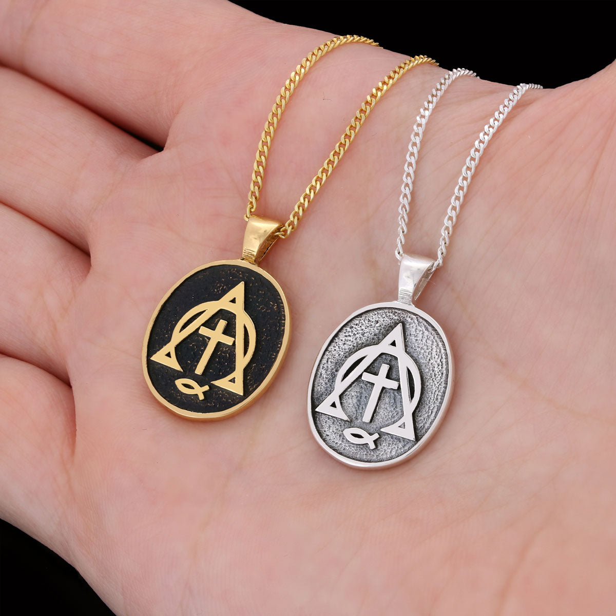 Christian Cross Ichthus Necklace, Square Christian Jewelry, Ichthus Pendant, Alpha Omega Cross Necklace Silver