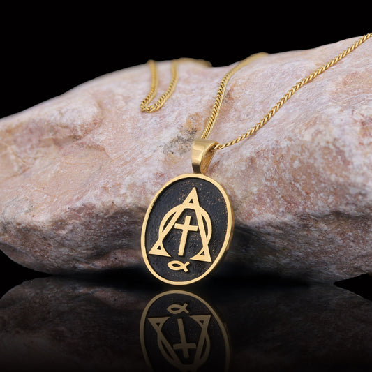 Christian Cross Ichthus Necklace, Square Christian Jewelry, Ichthus Pendant, Alpha Omega Cross Necklace
