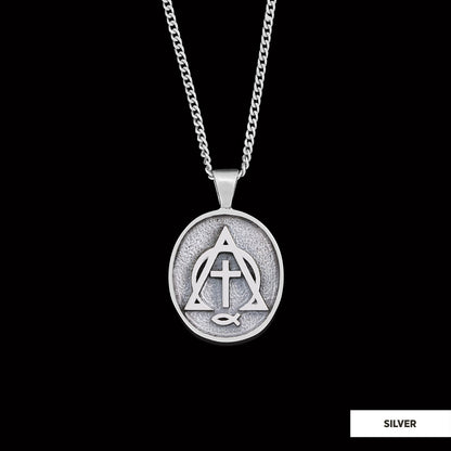 Christian Cross Ichthus Necklace, Square Christian Jewelry, Ichthus Pendant, Alpha Omega Cross Necklace by SWISS PLUS - Chris