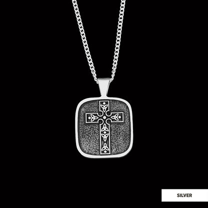Christian Cross Pendants, Gold Plated Silver Cross Necklace, Square Motif Cross Silver Necklace Silver by SWISS PLUS - Christ